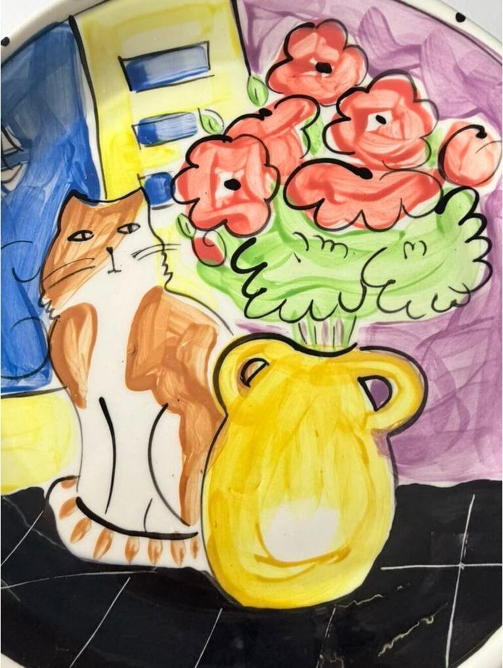 Hand-Painted Ceramic Wall Plate with Cat and Flower Design, 12-Inch Decorative - Picture 7 of 9